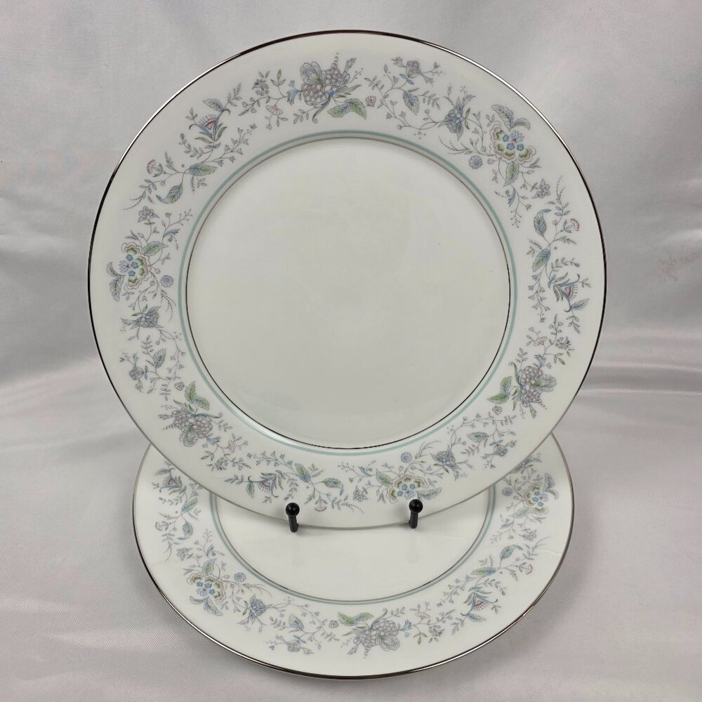 TWO Oxford China Spring Bone China Dinner Plate Multicolor Floral Rim Aqua Band